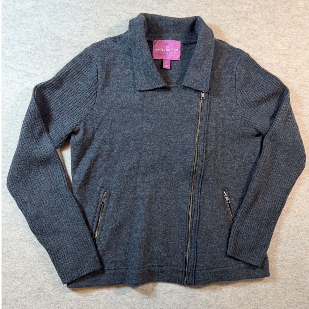 The Savile Row Co London Wool Asymmetric Zip Moto Cardigan Charcoal Grey L